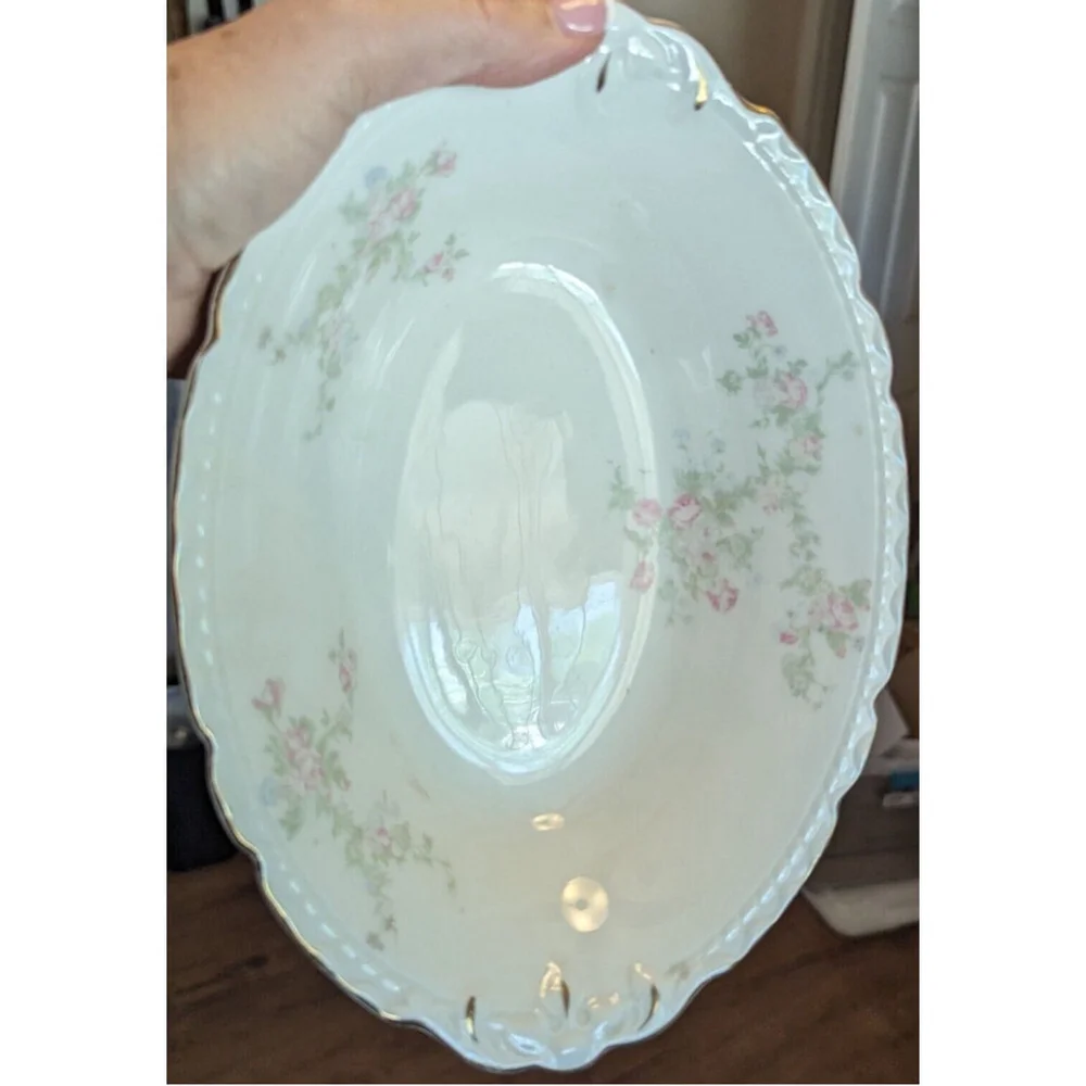 Embassy Oval Vegetable Bowl Pink & Lavender Flowers Raised Border